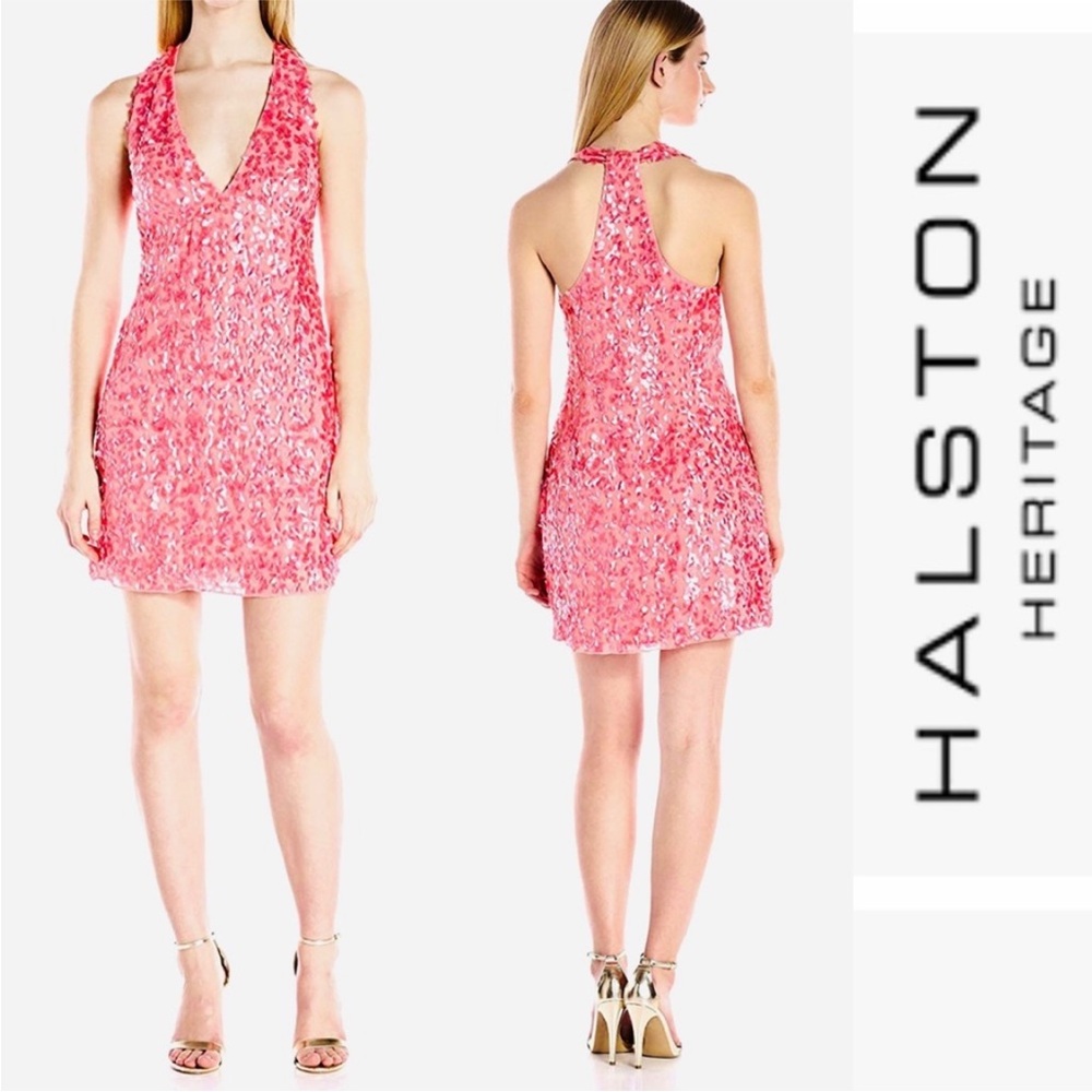 Halston coral sequin dress